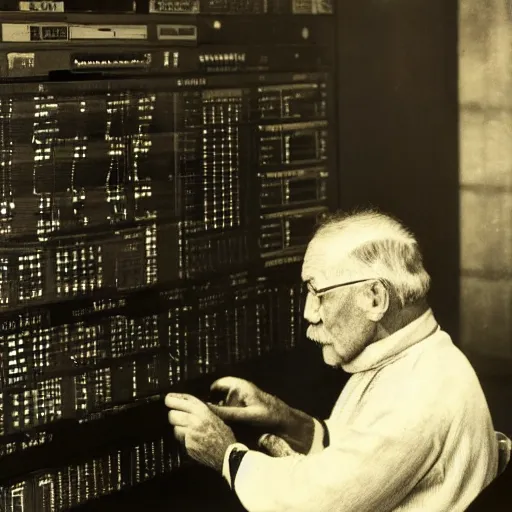 Prompt: old man staring at a highly advanced computer , old photo , 1824 , HD , 4k