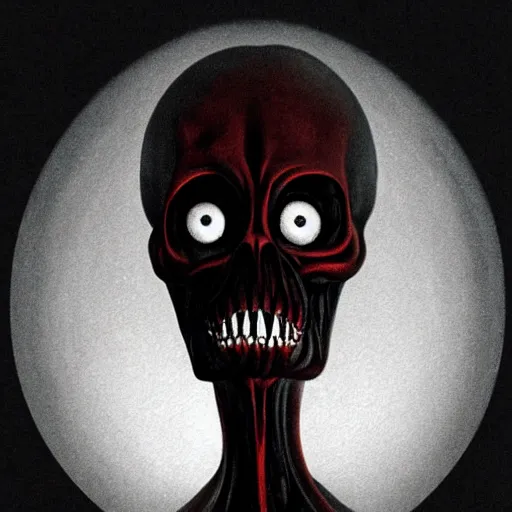 Image similar to humanoid with crooked teeth, two shallow black eyes, long open black mouth, alien looking, big forehead, horrifying, killer, creepy, photo turning slightly yellow, long open black mouth, dead, looking straight forward, realistic, slightly red, long neck, boney, monster, tall, skinny, skullish, deathly, in the style of alfred kubin
