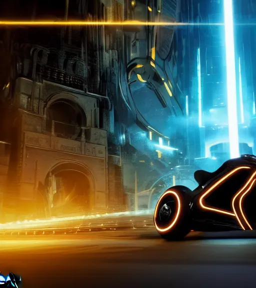 Image similar to tron legacy crowded motorcycle race to the ancient and majestic tower of babylon destroyed, hyper realistic, ambient lighting, concept art, intricate, hyper detailed, trakovsky greatest scene, smooth, dynamic volumetric lighting, octane, raytrace, cinematic, high quality, high resolution, 4 k, cgsociety, rutkowski, gurney