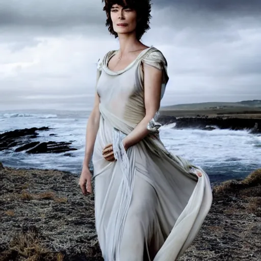 Image similar to full body photograph of Lena Headey as Helen of Troy, very beautiful, alluring expression, windy, coast in the background, dark sky, dramatic lighting