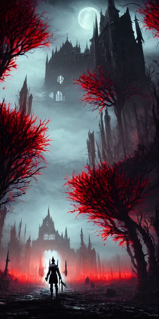 Image similar to abandoned bloodborne old valley with a obscure person at the centre and a ruined gothic city in the background, trees and stars in the background, falling red petals, epic red - orange moonlight, perfect lightning, wallpaper illustration by niko delort and kentaro miura, 4 k, ultra realistic