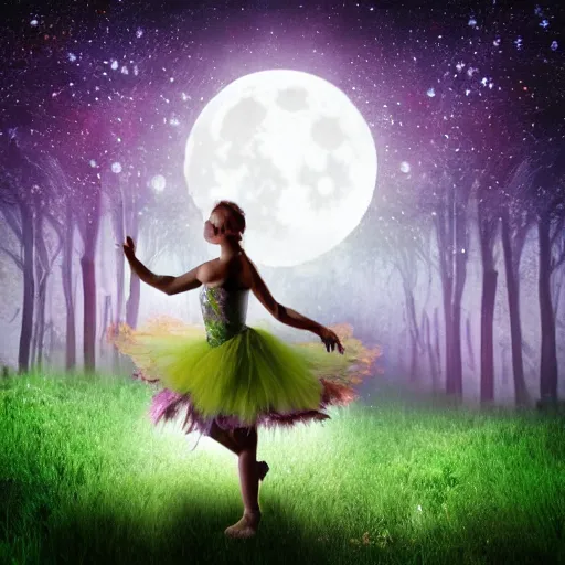 Prompt: Fairies dancing in the woods by full moon, realistic photo