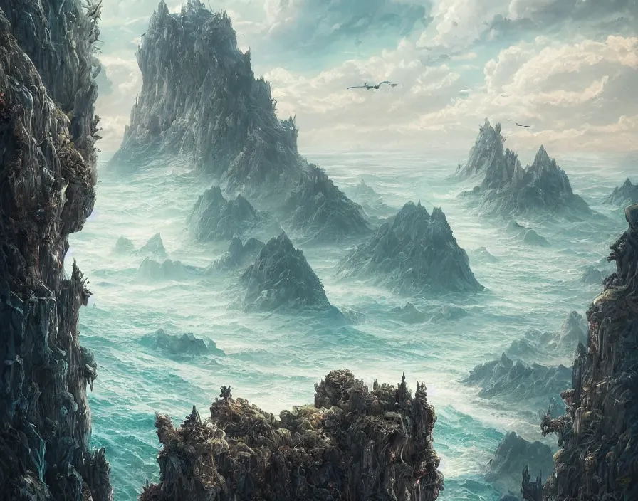 Prompt: fantasy painting of a monster skull on the edge of a cliff overseeing a vast ocean, complex, detailed, intricate abstract. delicate artwork. by Tooth Wu, wlop, beeple, dan mumford. octane render, trending on artstation, greg rutkowski very coherent symmetrical artwork. cinematic, hyper realism, high detail, octane render, 8k, depth of field, bokeh. chrome accents.