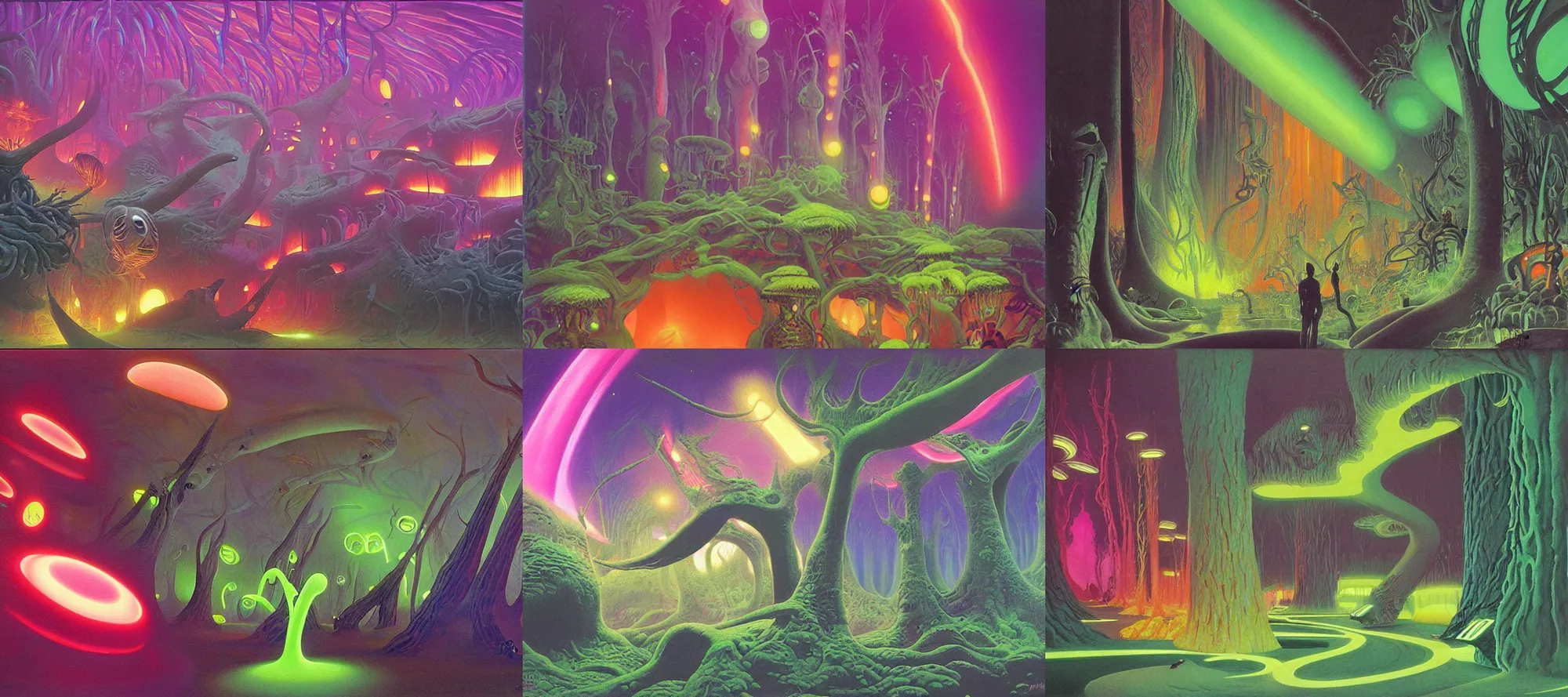 Prompt: felucia, neon jungle, giant fluorescent fungi, psychedelic, painting by ralph mcquarrie