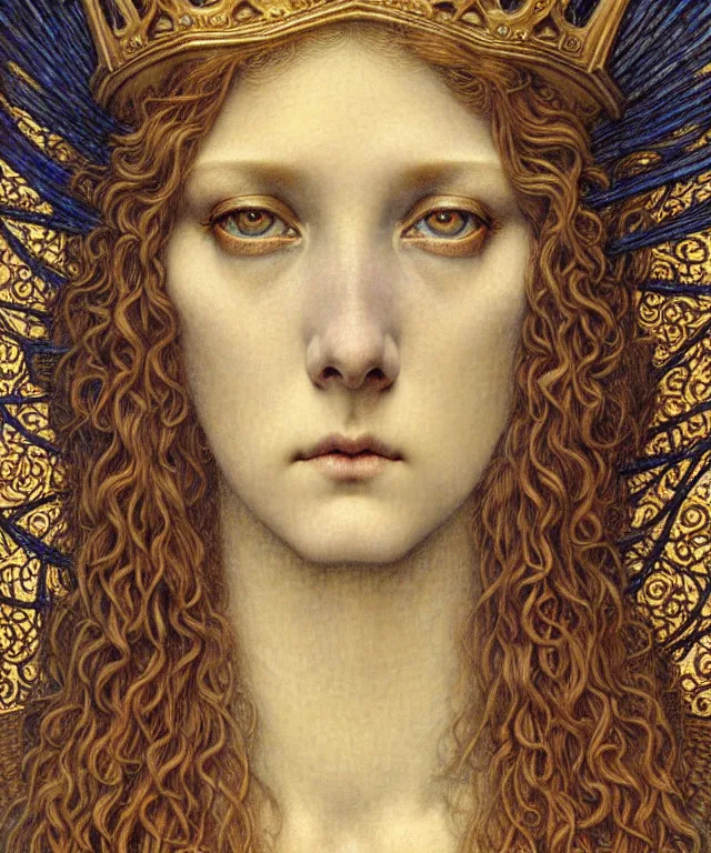 Image similar to detailed realistic beautiful young medieval queen face portrait by jean delville, gustave dore and marco mazzoni, art nouveau, symbolist, visionary, gothic, pre - raphaelite. horizontal symmetry