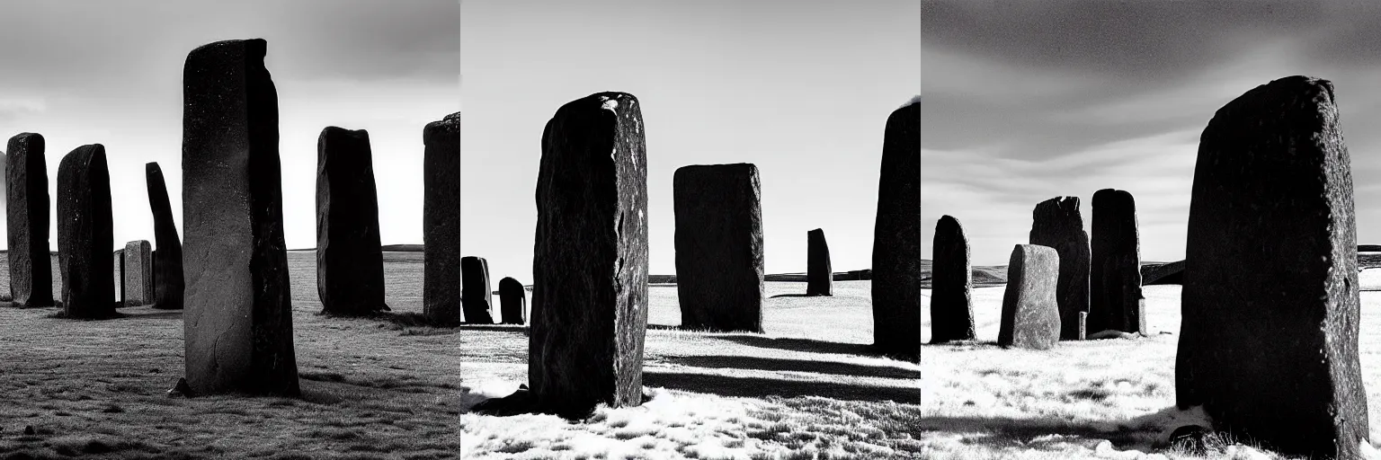 Prompt: a tintype photograph of tall dark robed human figures stand among the neolithic standing stones of stenness, black and white, grainy, snow, highly detailed, cinematic lighting, 8 k, hd