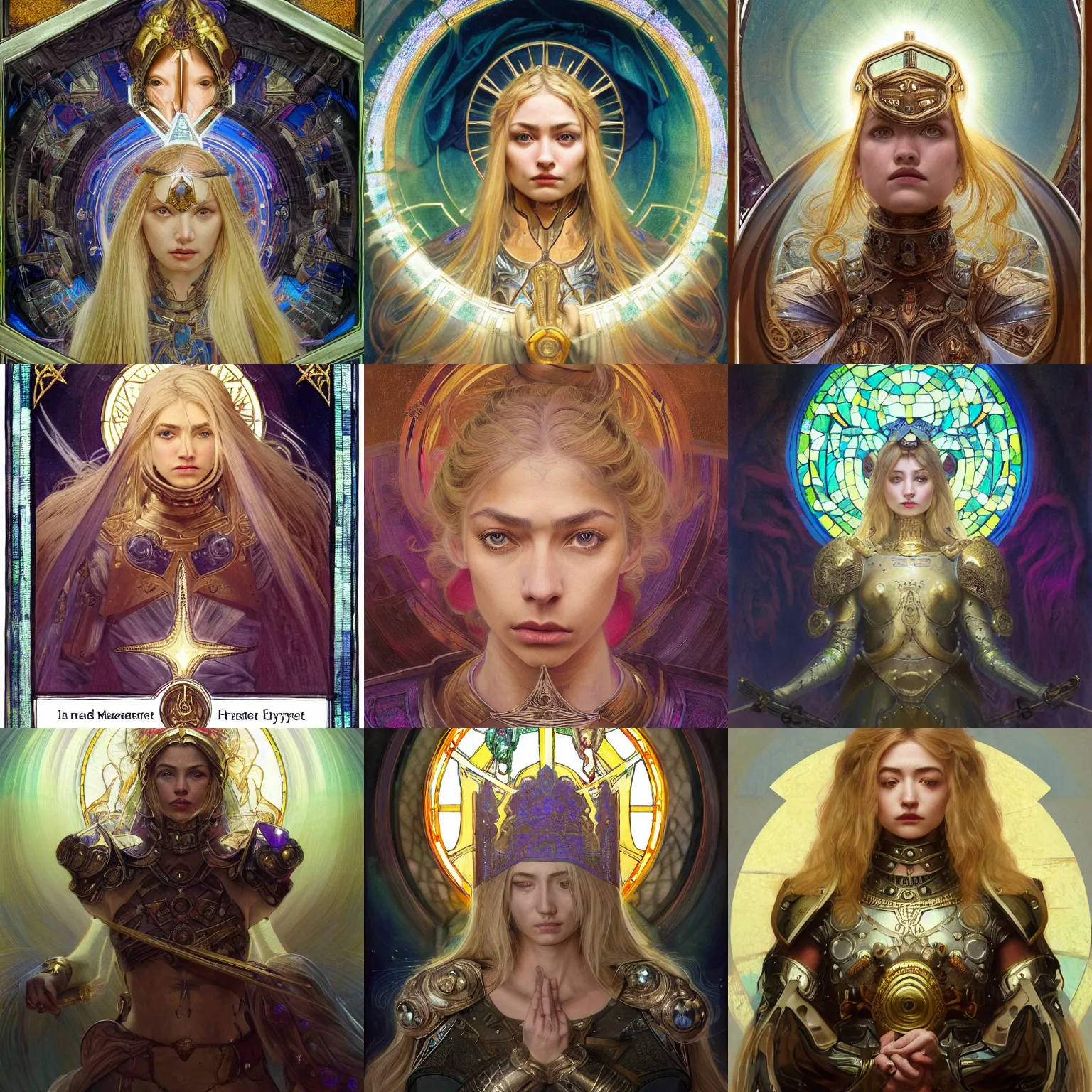 Prompt: masterpiece head-on symmetrical centered portrait, Imogen Poots as a Gloomhaven paladin, Elden Ring, blonde hair, prismatic golden halo around her head, wearing plate armour, elegant, distant, stained glass tarot style, in the style of Edgar Maxence and Ross Tran and Zdzisław Beksiński and Michael Whelan and Mucha and Gustave Doré, specular highlights, 8k, octane render
