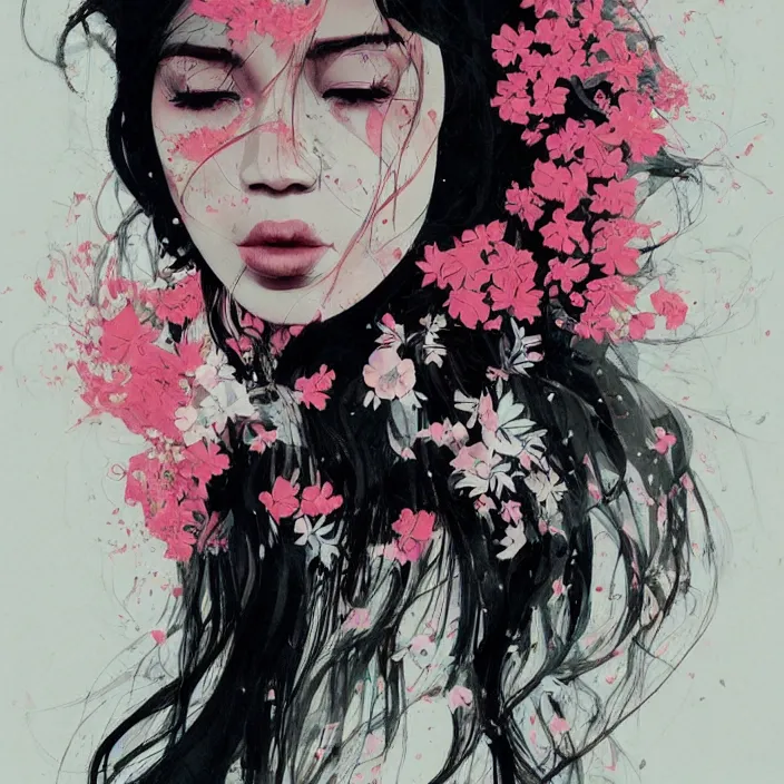 Image similar to candid portrait of very beautiful young filipino woman, surrounded by dramatic swirling smoke and flowers, face partially obscured, dark background, by conrad roset, abstract, trending on artstation