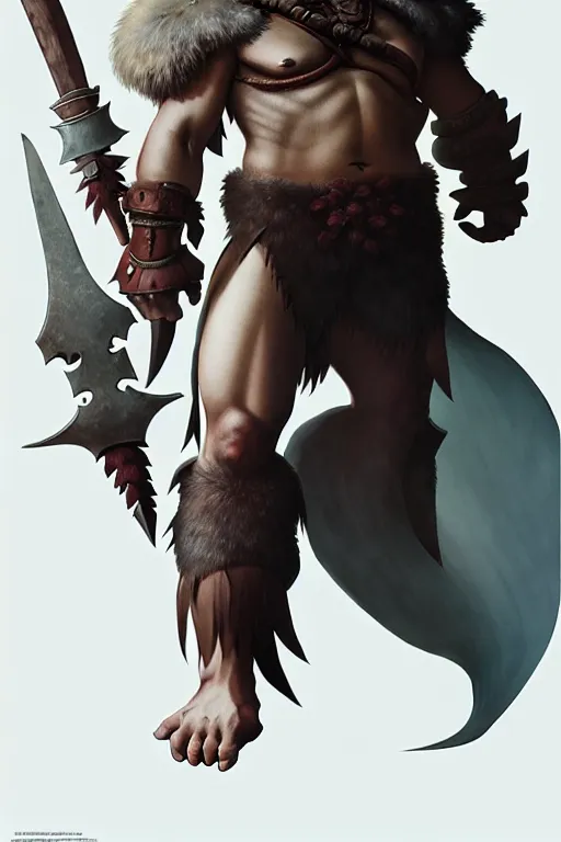 Image similar to orc barbarian wearing leather armor, full body shot, exquisite details, earth magic, mid view, design on a white background, by studio muti, greg rutkowski, makoto shinkai, takashi takeuchi, studio ghibli