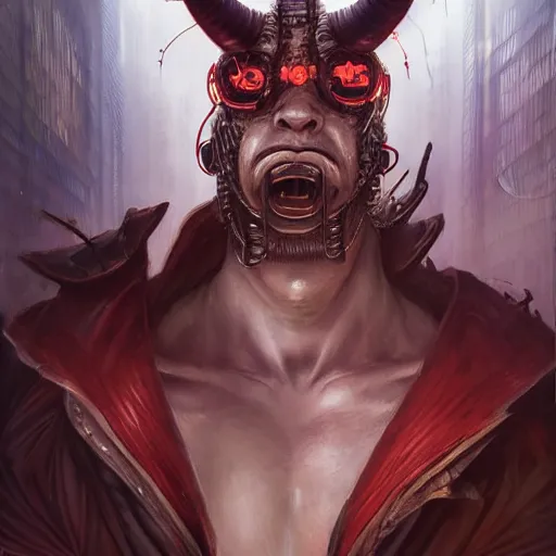 Image similar to portrait, cyberpunk japanese oni demon with horns and circuitry, augmented, stern expression, long hair, highly detailed, digital painting, artstation, concept art, smooth, sharp focus, illustration, artgerm, tomasz alen kopera, peter mohrbacher, donato giancola, joseph christian leyendecker, wlop, frank frazetta