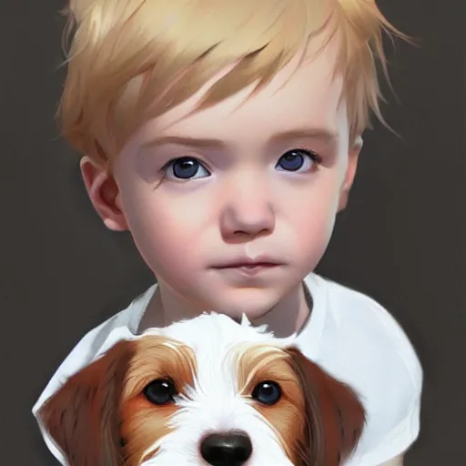 Prompt: a baby boy with short blonde hair and blue eyes sitting with a very cute wire haired jack russell terrier puppy, white with brown patches over both eyes. detailed, high quality painting by artgerm and greg rutkowski and ilya kuvshinov