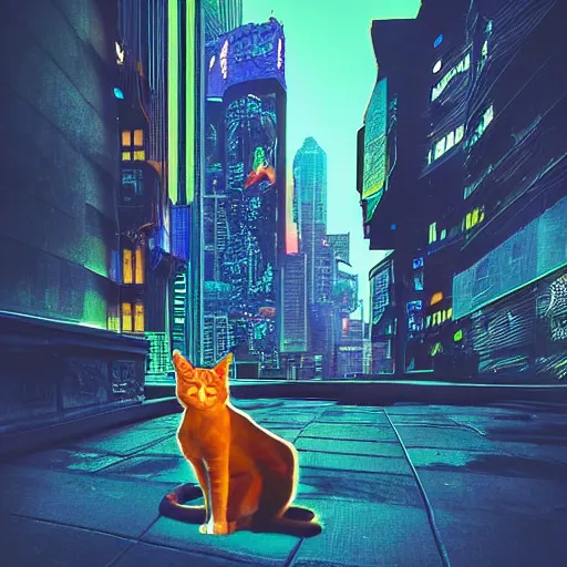 Image similar to cyberpunk cat sits in the city at twilight