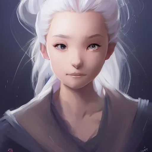 Image similar to girl sorcerer with white hair in a hairbun, she is wearing a scarf. she is learning how to use her magic powers. cgsociety masterpiece, artstation trending, by rossdraws, ghibli, kimi no na wa, greg rutkowski, simon stalberg, greg manchess