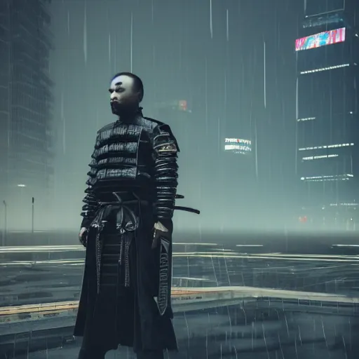 Image similar to cyberpunk samurai in a dytopian future, ultra realistic, fog, raytracing, reflections, rain, octane render