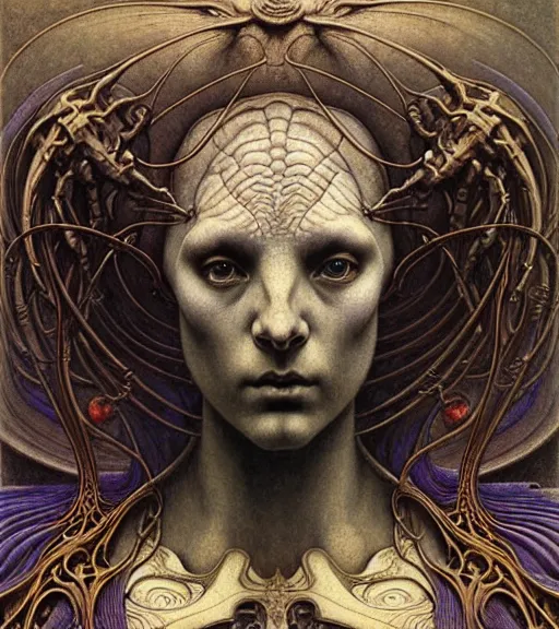 Prompt: detailed realistic beautiful young medieval alien robot grimez face portrait by jean delville, gustave dore and marco mazzoni, art nouveau, symbolist, visionary, gothic, pre - raphaelite. horizontal symmetry by zdzisław beksinski, iris van herpen, raymond swanland and alphonse mucha. highly detailed, hyper - real, beautiful, fractal baroque