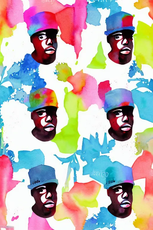 Image similar to minimalist watercolor biggie smalls faces pattern on white background, illustration, vector art