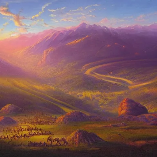 Image similar to A huge army in a valley at golden hour, fantasy, oil painting, extra detailed