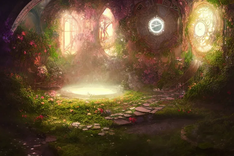 Prompt: garden of time and space, concept art, trending on artstation, wlop, ross draws, digital painting, mixed media, intricate details, volumetric lighting