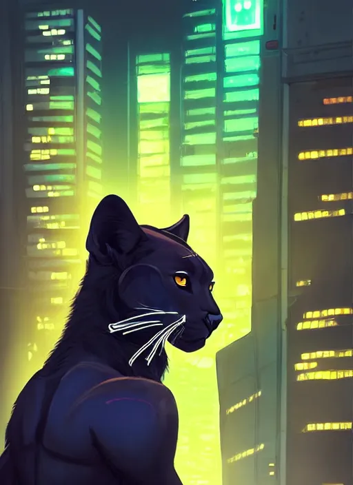 Image similar to beautiful portrait commission of a female furry anthro panther fursona wearing a police uniform. Cyberpunk city at night in the rain. Neon light. Atmospheric. Character design by charlie bowater, ross tran, artgerm, and makoto shinkai, detailed, inked, western comic book art