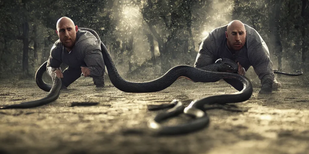 Prompt: Ryback fighting a snake outdoors, photorealistic, ultra hd, cinematic lighting, award-winning, 4k, leica sl2 30mm, beautiful color, high quality, high textured, lens flare