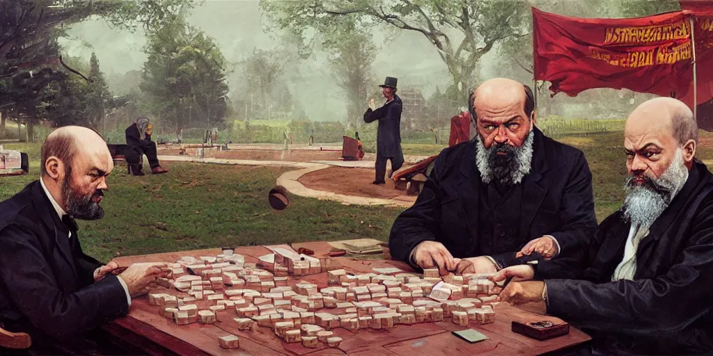 Prompt: karl marx and vladimir lenin playing mahjong in park by stalenhag and rutkowski, concept art, oil painting, detailed