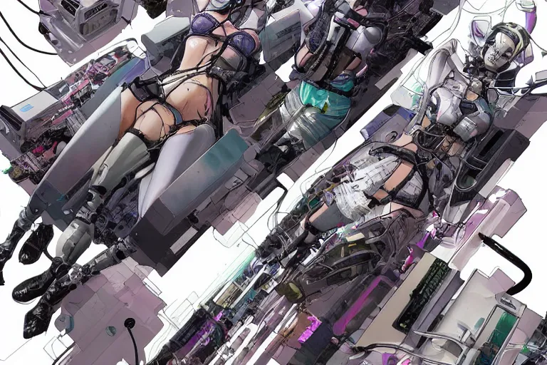 Image similar to a cyberpunk illustration of a group of female androids in style of masamune shirow, lying on an empty, white floor with their bodies scattered around in different poses and cables and wires coming out, by yukito kishiro and katsuhiro otomo, hyper-detailed, intricate, view from above