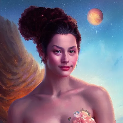 Image similar to portrait of a venutian woman ( 3 5 ) from venus in 2 0 2 1, an oil painting by ross tran and thomas kincade
