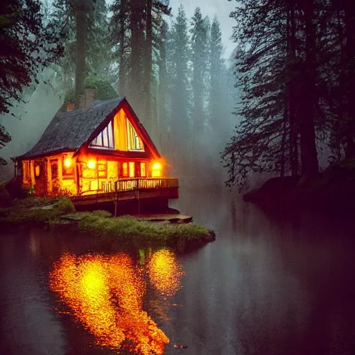 Image similar to small wooden cottage in the forest at night, smoke coming out of the chimney, night, dark, nocturnal, redwood trees, peaceful, river running past the cottage, a wooden rowing boat, galaxy in the night sky, by stephen king