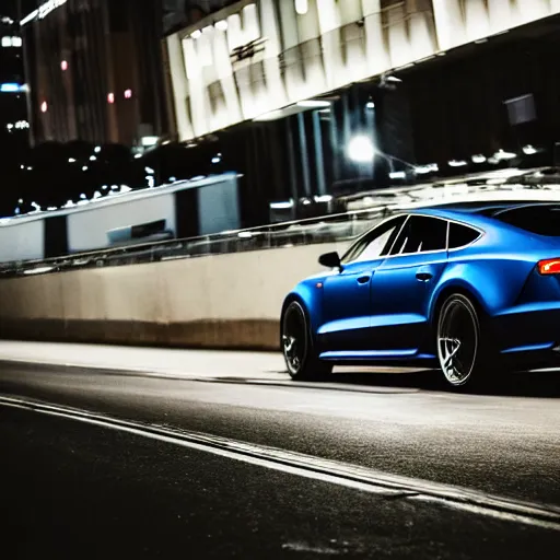 Image similar to photo of a dark - blue audi a 7 sportsback designed by aaple at night driving fast through a shibuya, cinematic, 4 k, long exposure photography, tokyo drift, fast and furious, kodak portra 4 0 0