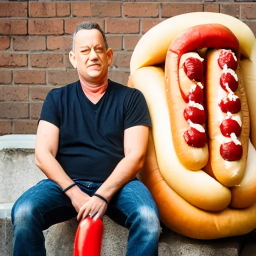 Image similar to tom hanks emerging from a giant hot dog, food photography, 8 5 mm f 1. 8