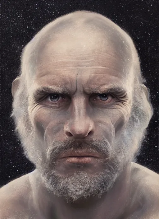 Image similar to portrait of the engineer from prometheus. iceland black sand background. by anne stokes and larry elmore, smooth shaven face, lucian freud and drew struzan, detailed matte painting, realistic portrait, symmetrical, highly detailed, digital painting, artstation, concept art, smooth, sharp focus, illustration, cinematic lighting, 8 k resolution