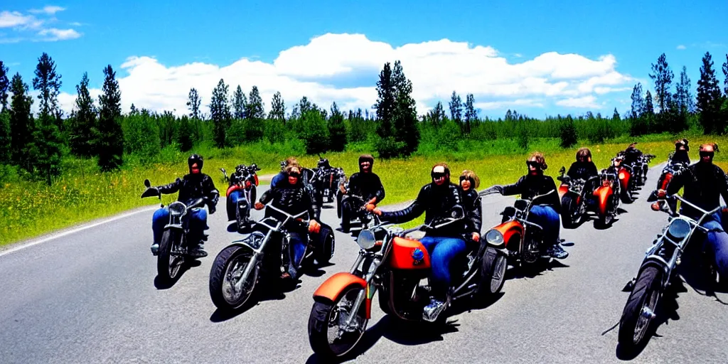 Image similar to motorcycle gang riding in finland, summer, moebius style