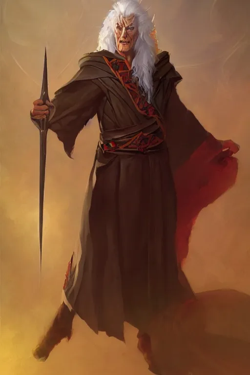 Prompt: An awesome full body portrait painting of Raistlin Majere with the Staff of Magius by Greg Rutkowski, Wizards of the Coast, Dragonlance, Craig Mullins, trending on Artstation.