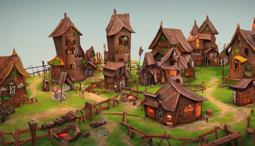 Image similar to a stylized 3D village, in the style of Silke Van Der Smissen and Maria Puchkova on ArtStation, 4k,