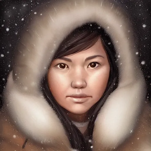 Prompt: portrait of emma an inuit in her 3 0 s with dark hair and chubby cheeks dressed in a winter parka, detailed face, smooth, sharp focus, graphic novel, art by artgerm and greg rutkowski and pepe larraz,