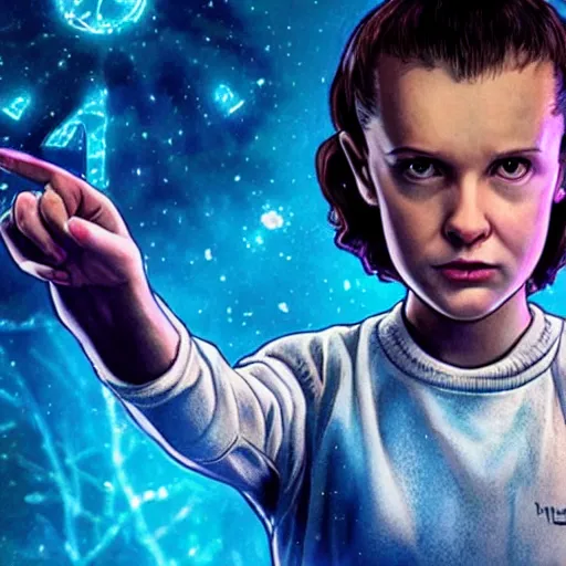 Prompt: Concept art, Eleven from 'Stranger Things' Season 3 (2019) conjuring a magical fireball in her hand