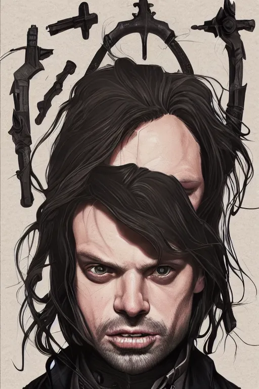 Image similar to sebastian stan in sleepy hollow, full body, big two toned eyes, teeth gritted, horror, intricate details, cinematic, epic, realistic, anatomy, tomer hanuka, uplight, artstation, photorealistic, scary