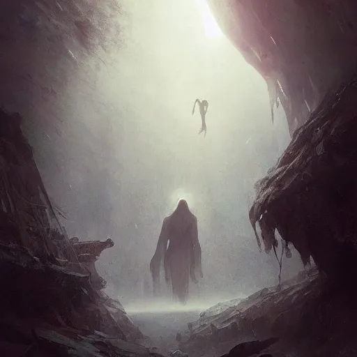 Image similar to a beautiful terrifying pale humanoid giant looms over a tiny human. ethereal fantasy art by greg rutkowski