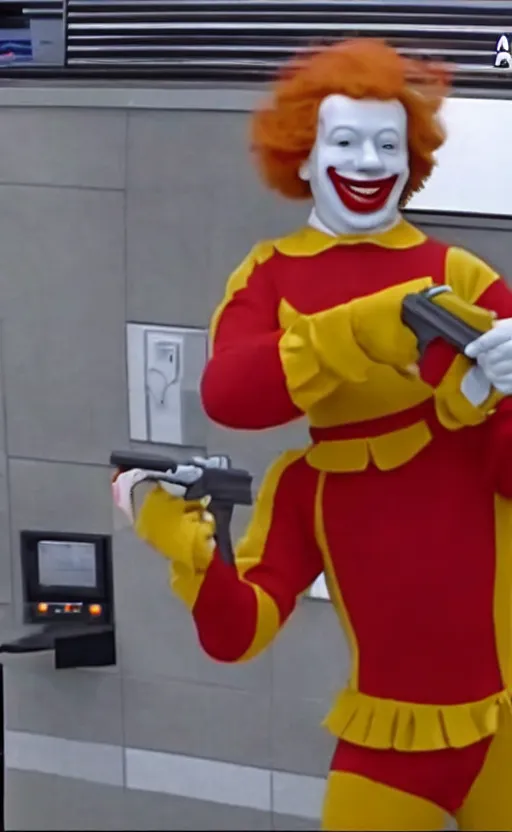 Prompt: photo of ronald mcdonald robbing a bank with a gun. security footage. award winning. very high quality. hq. hd.