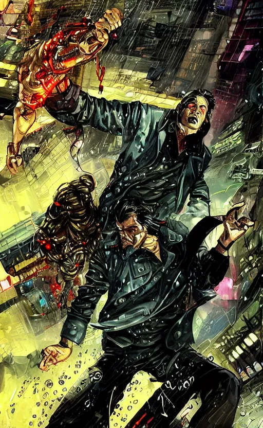 Image similar to Grizzled Trenchcoat detective fighting in the rain. Detailed dynamic anatomical proportions. Anti-hero leaping into action POV. Cybernetic kung-fu action shot. Dynamic, delirious, creative panel style by Bill Sienkiewicz. Heavy chromatic abberation. Visual distortion. Sci-Fi cyberpunk Comic page made up of art by the best artists Trending on Artstation. Octane render, Raytracing, 3d masterpiece, fantastic lighting by James Gurney. Noir detective genre.