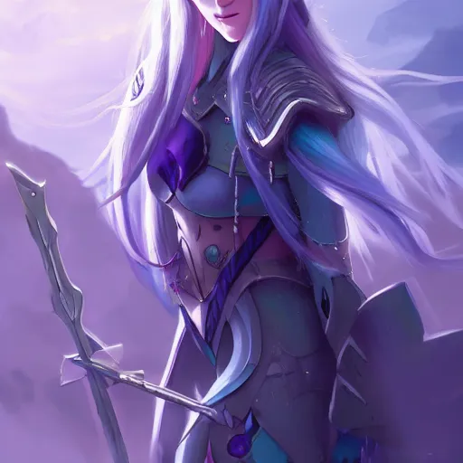 Image similar to an elf girl with grey skin with blues and long purple hair, wearing armor, ice background, highly detailed, digital painting, artstation, matte, by makoto shinkai, animation style, studio ghibli, anime key visual