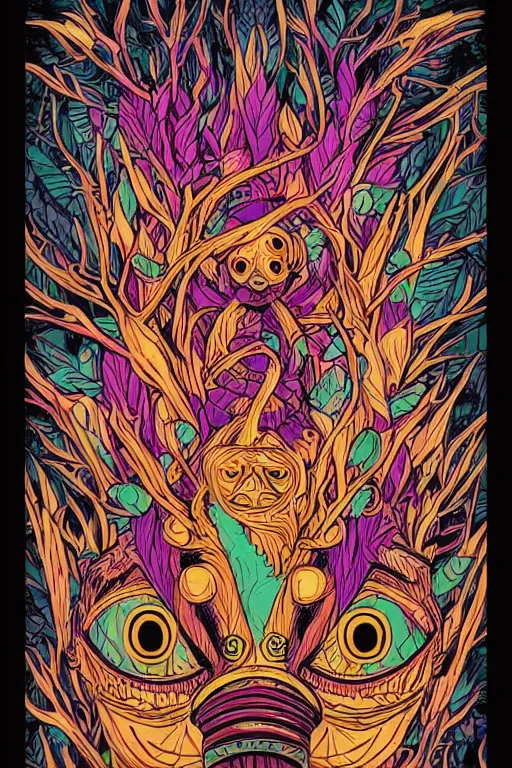 Image similar to animal mask totem roots flower tribal feather gemstone plant wood rock shaman vodoo video game vector cutout illustration vivid multicolor borderlands comics by josan gonzales and dan mumford radiating a glowing aura