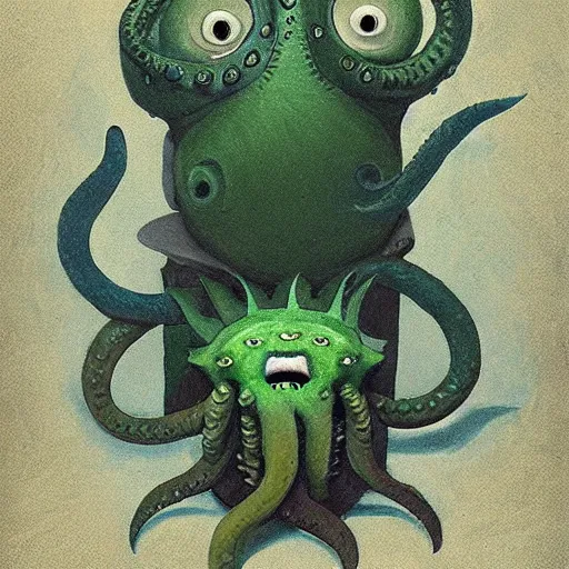 Prompt: a portrait of a character with a moustache´thulu by Shaun Tan