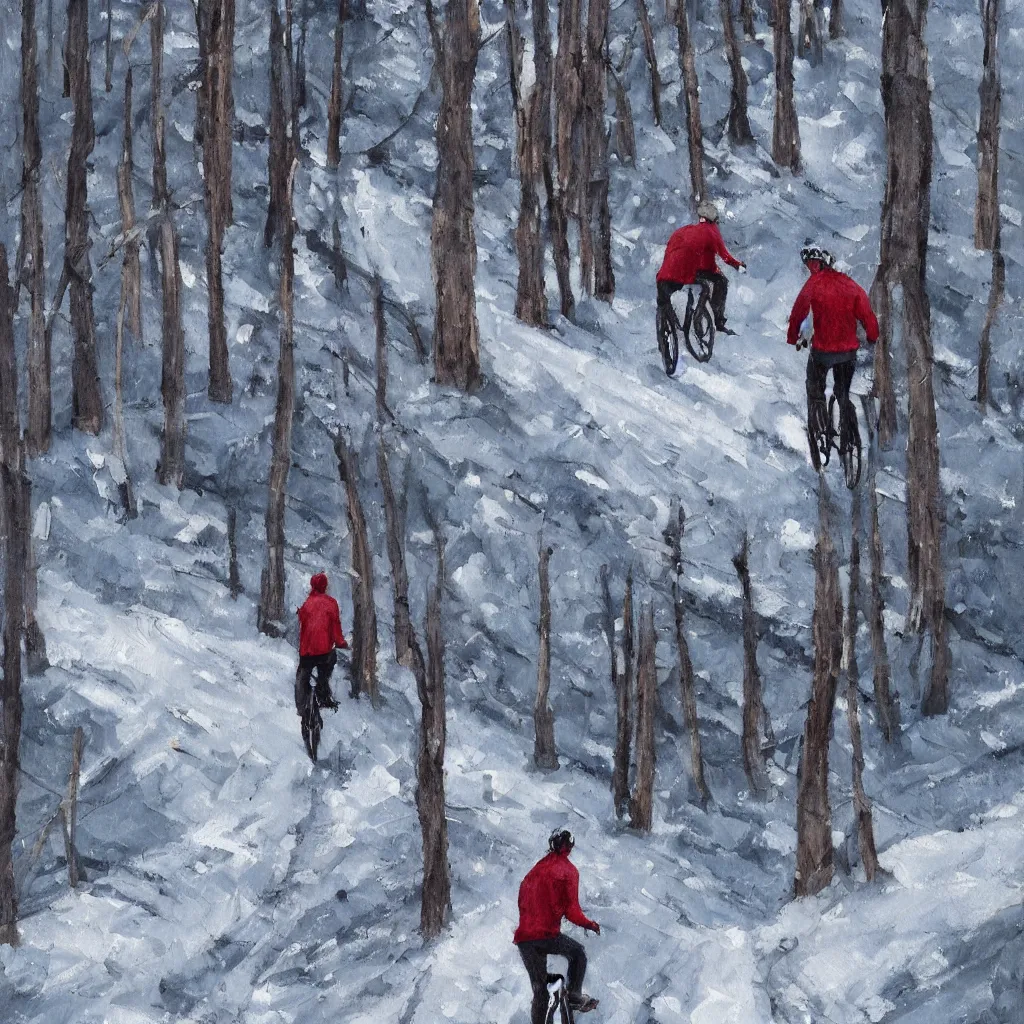 Prompt: Two men biking up a steep forest hill with a deep dark blue sweater and a wine red sweater. sweaty. Oil painting. Emotional. Trending on artstation. Steep. Nordic Trees. Rustic. Artistic.