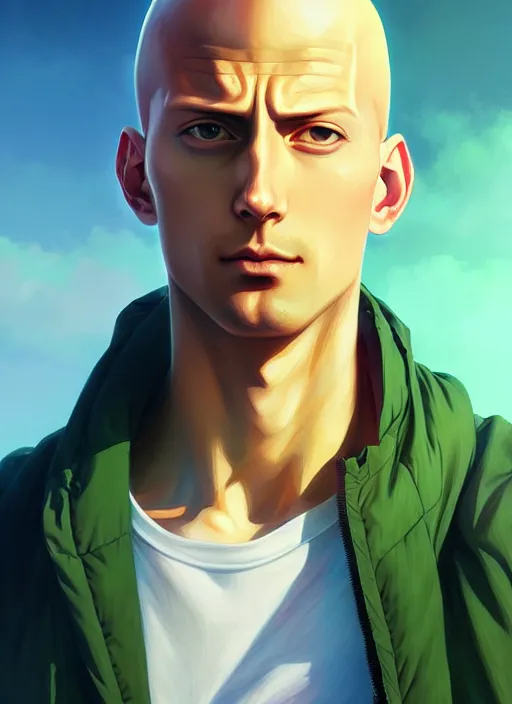 Image similar to handsome saitama, half body shot, path traced, highly detailed, high quality, digital painting, alena aenami, lilia alvarado, shinji aramaki, karol bak, alphonse mucha, tom bagshaw