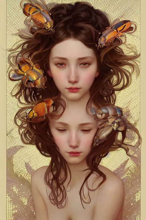Prompt: hundreds of beetles lined up as a beautiful girl, highly detailed, digital painting, artstation, sharp focus, illustration, art by tan zi and ayanamikodon and alphonse mucha and wlop