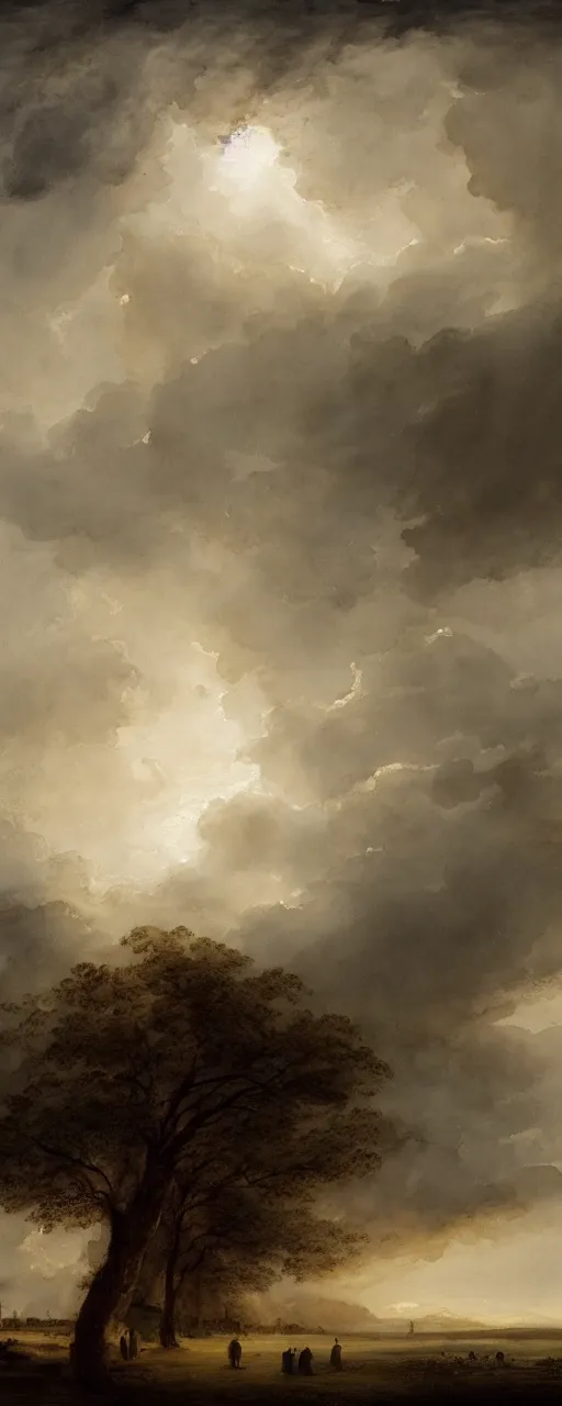 Image similar to a beautiful watercolor painting of a white landscape, gigantic mushroom - shaped clouds in the horizon, an angel standing still, human figures standing still, ash and meteors falling from the sky, in the style of paul sandby and antonio guidotti, 8 k, trending on artstation, pastel color scheme