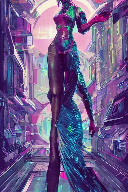 Image similar to attractive female android in feminine pose on a hyper-maximalist overdetailed retrofuturist scifi bookcover illustration from '70s. Inspired by shadowrun darkscifi utopia.. Biopunk, solarpunk style. Daytime