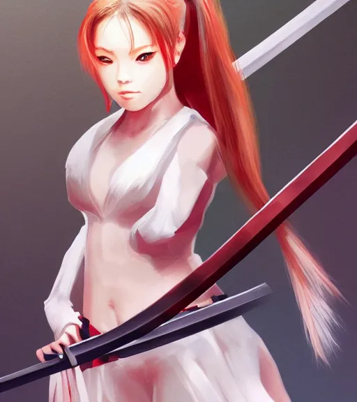 Prompt: a girl holding a katana, ponytail, highly detailed, digital painting, artstation, concept art, smooth, sharp focus, kunoichi, illustration