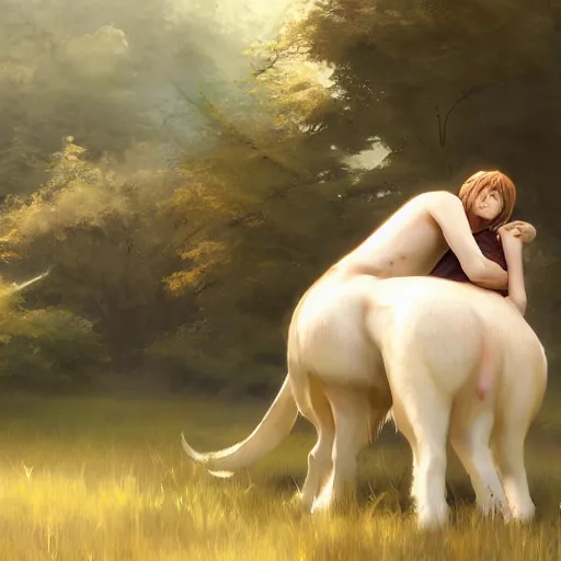 Image similar to a person hugging!!! a large white animal, a detailed painting by krenz cushart, pixiv contest winner, fantasy art, official art, detailed painting, pixiv. highly detailed. 4 k masterpiece. unreal engine. photorealistic. realism. cinematic. photorealism. wideshot